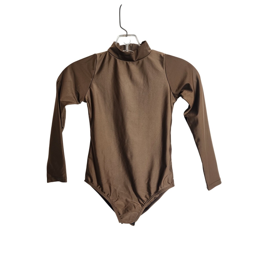 Kids Brown Long‎ Sleeve Leotard Mock Neck Back Zip Dance Gymnastics XL